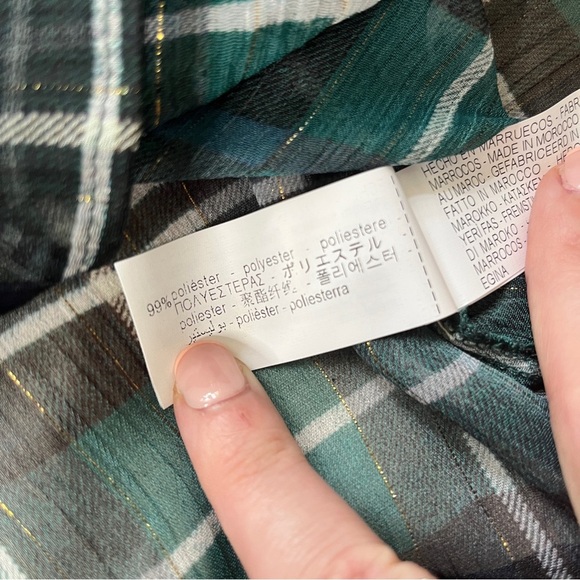 New Zara Sheer Metallic Threaded Green Plaid Cropped Blouse - Size L - Picture 12 of 15